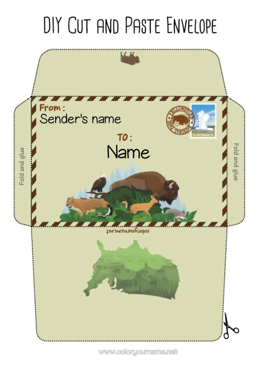 Colouring page to print Animal United States Of America Envelope Country Other Animals Of The World Print Envelope Mischievous Elf's Journey Bison Envelope For The Christmas Trickster Elf's Mail