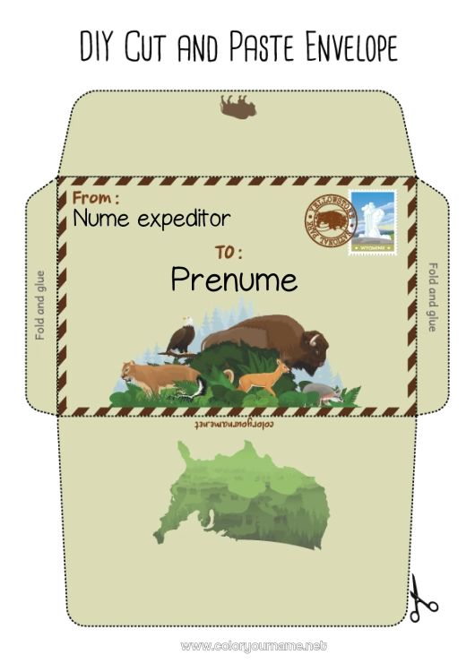 Pagină de colorat de imprimat Animal SUA Plic Alte animale din lume Plic de imprimat Călătoria elfului de Crăciun Bizon Plic pentru scrisoarea lui Moș Crăciun