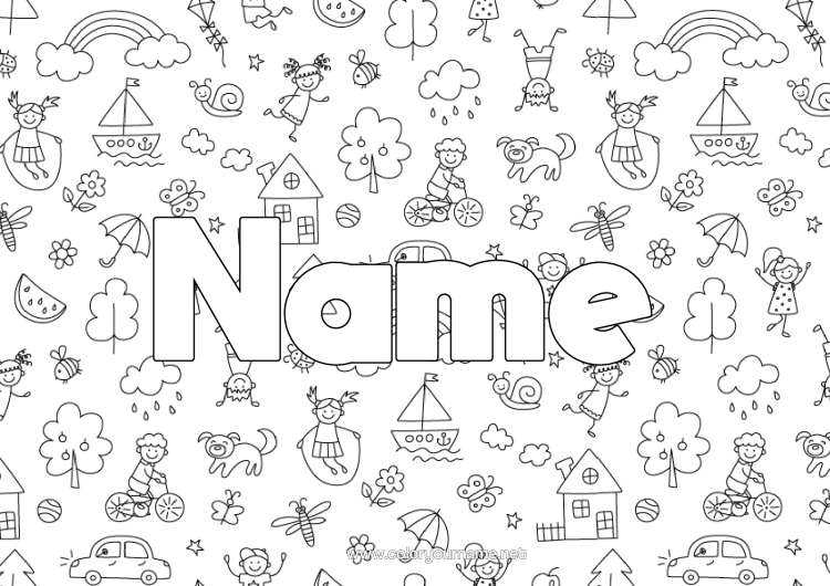 Colouring page to print Car Child Boat Decorated Name Doodle Marine Vehicles Cars, Vans And Motorhomes Decorative Background