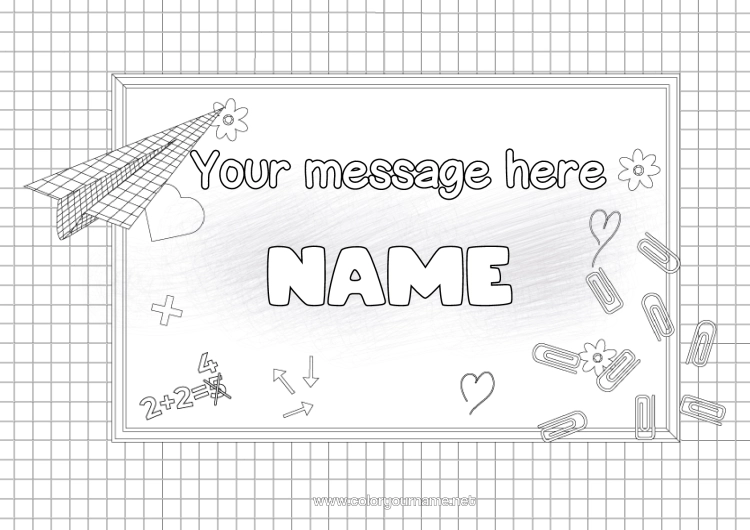 Colouring page to print Heart Back To School Classroom Board Stationery Supplies Mathematics Framework Paper Aeroplane