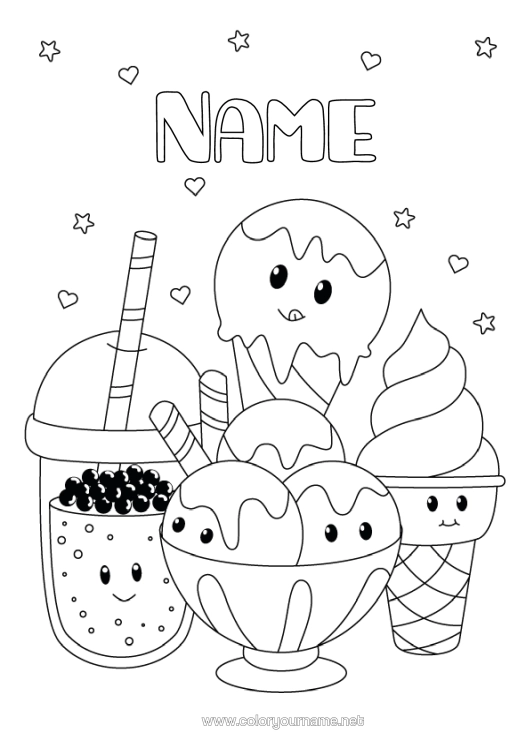Colouring page to print Cute Drink Treats, Sweets Ice Cream Bubble Tea