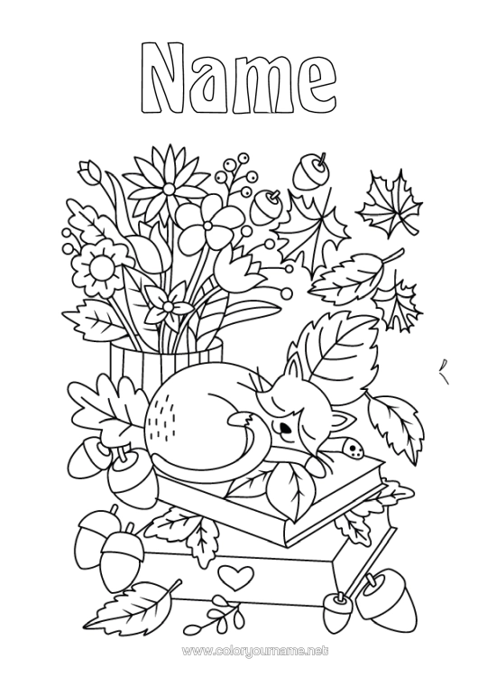 Colouring page to print Flowers Cat Autumn Animal Leaves Book Dogs And Cats Reading Gland Bunch
