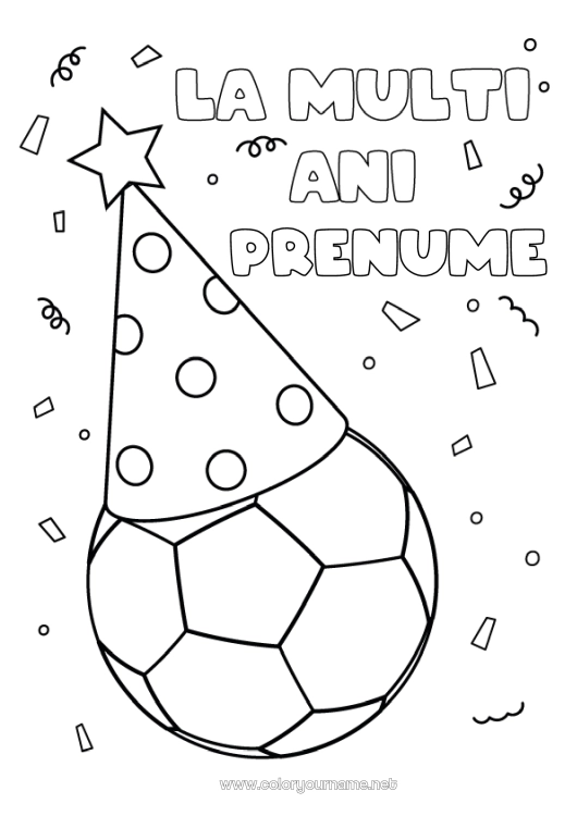 Pagină de colorat de imprimat Fotbal Minge de fotbal Sport Aniversare Pălărie Desene de colorat ușoare La mulți ani! Sporturi de echipă