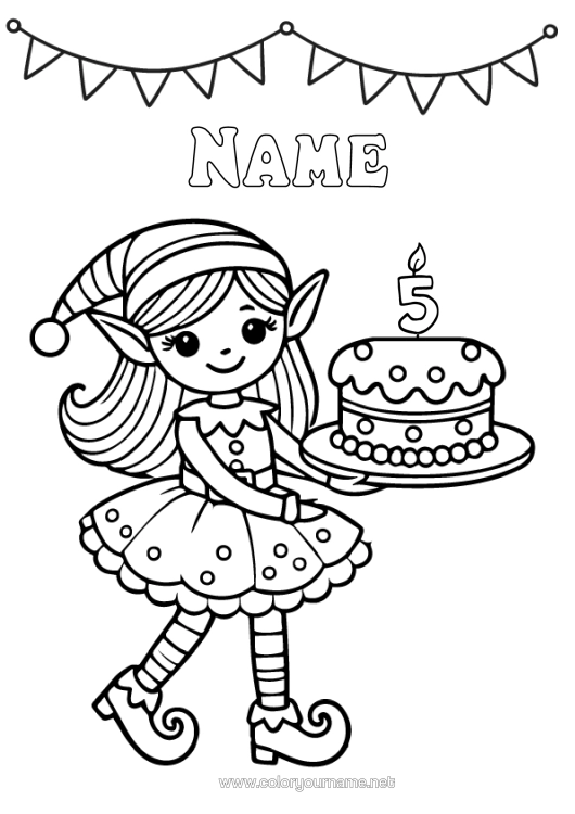 Colouring page to print Cake Christmas Elves Birthday Girl Elf Colouring Pages Customisable Age Celebrated