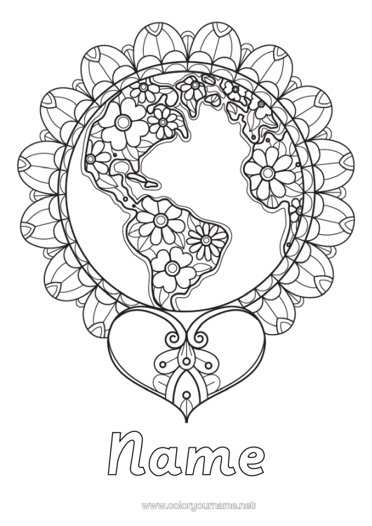 Colouring page to print Heart Geography Earth Zentangle Earth Day