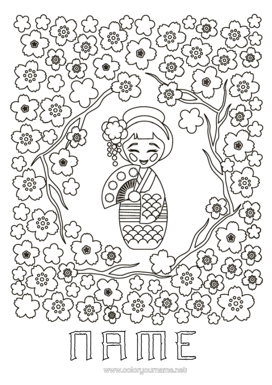 Colouring page to print Japan Kimono Games And Toys Cherry Tree Kokeshi Doll