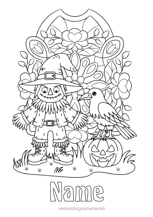 Colouring page to print Pumpkin Halloween Autumn Jack O'lantern Hat Birds And Flying Mammals Scarecrow Raven