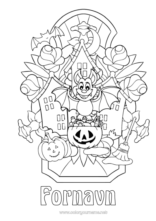 Fargeleggingssiden til utskrift Flaggermus Kost En godteri eller en spøk? Halloween Jack O'Lantern Fugler og flygende pattedyr Hjemsøkt herskapshus