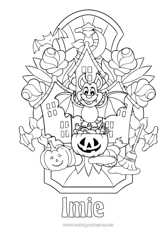 Kolorowanka do wydruku Nietoperz Miotła Cukierek albo psikus? Halloween Jack O'Lantern Ptaki i latające ssaki Zamczysko nawiedzone