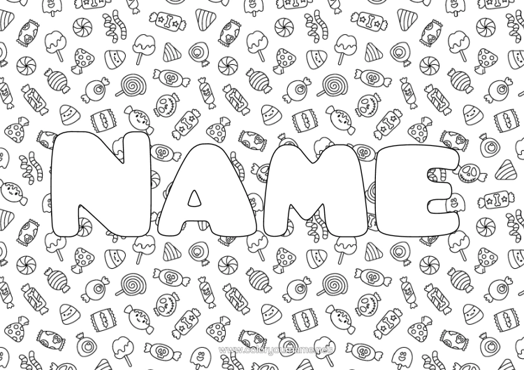 Colouring page to print Trick Or Treat? Halloween Cute Decorated Name Treats, Sweets Pacifier Decorative Background