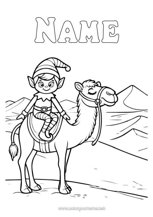 Colouring page to print Christmas Elves Elf Colouring Pages Wild Animals Of Africa Mischievous Elf's Journey Camel, Dromedary Morocco Colouring Mischievous Travelling Goblins