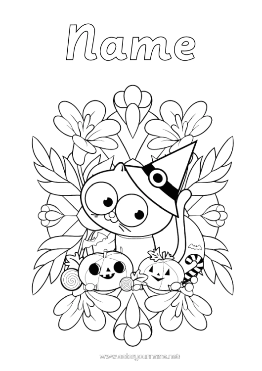Colouring page to print Pumpkin Cat Halloween Autumn Jack O'lantern Animal Hat Dogs And Cats