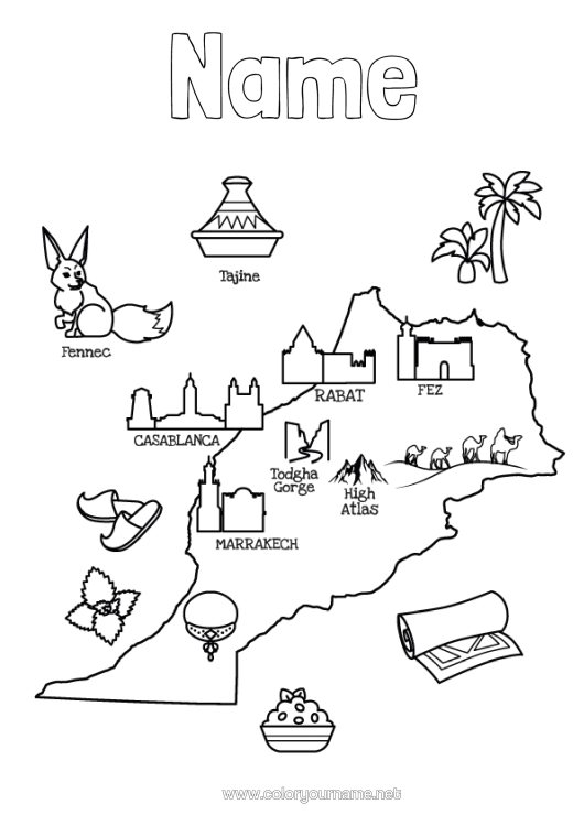 Colouring page to print Geography Symbols Africa Country Map Of Countries Morocco