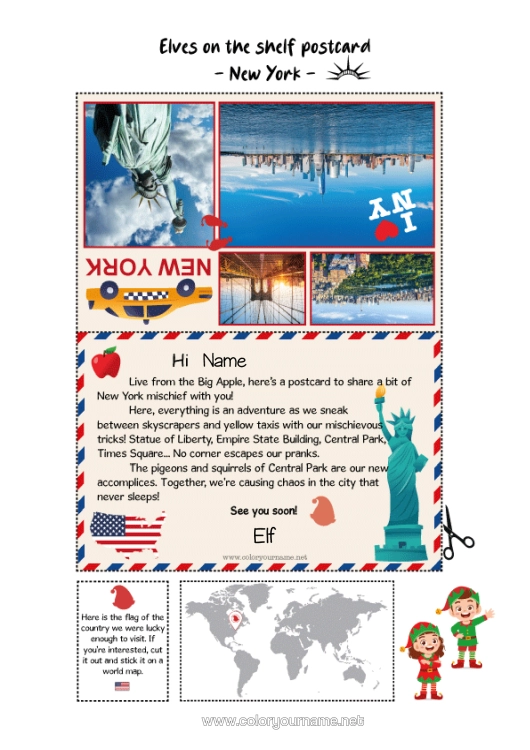 Colouring page to print Christmas Elves United States Of America New York Mischievous Elf's Journey Postcard Postcard Of Multiple Elves Several Mischievous Elves.