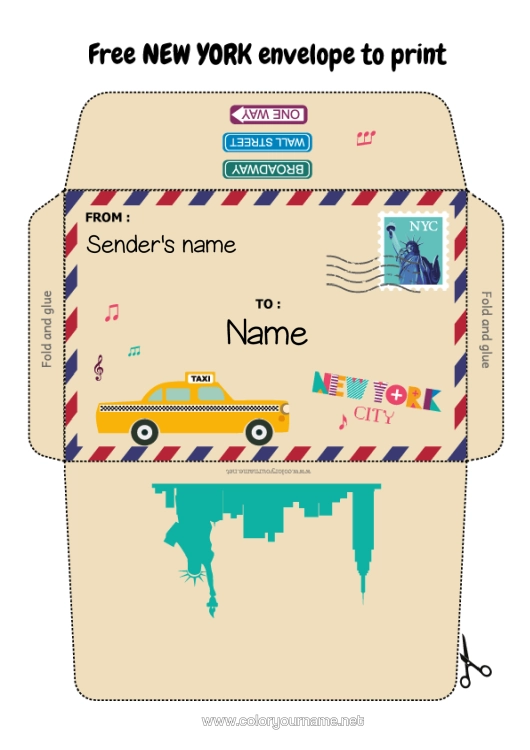 Colouring page to print United States Of America Envelope New York Taxi Country Print Envelope Mischievous Elf's Journey Envelope For The Christmas Trickster Elf's Mail