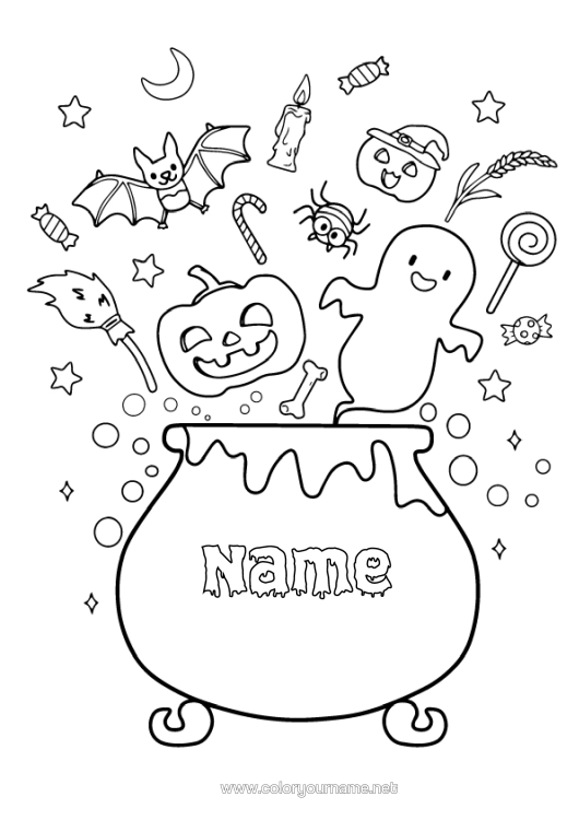 Colouring page to print Bat Broom Ghost Pumpkin Magic Cauldron Halloween Cute Birds And Flying Mammals