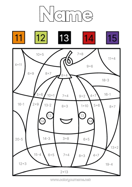 Colouring page to print Pumpkin Figure Magic Colouring Books Children's Activities Subtractions Additions Vegetables Mathematics