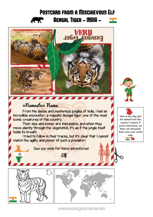 Colouring page to print Tiger Animal Wild Animals Of Africa Mischievous Elf's Journey Postcard Postcard Of A Single Elf India A Single Mischievous Elf