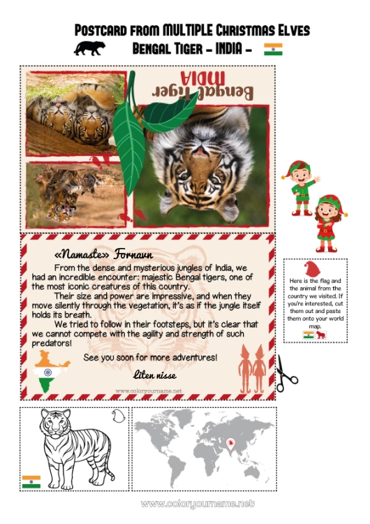 Fargeleggingssiden til utskrift Tiger Dyr Afrikanske villdyr Julealvens reise Postkort Postkort fra FLERE nisser India