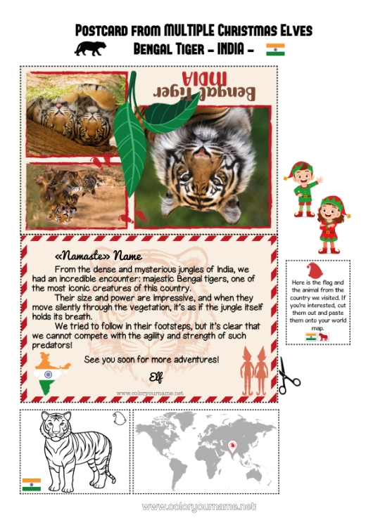 Colouring page to print Tiger Animal Wild Animals Of Africa Mischievous Elf's Journey Postcard Postcard Of Multiple Elves India Several Mischievous Elves.