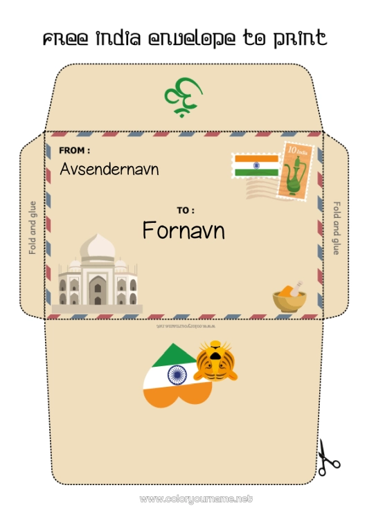 Fargeleggingssiden til utskrift Konvolutt Land Utskriftsvennlig konvolutt Monument Julealvens reise India Konvolutt for nissepost