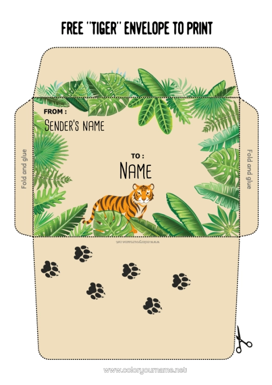 Colouring page to print Tiger Animal Envelope Wild Animals Of Africa Print Envelope Mischievous Elf's Journey India Envelope For The Christmas Trickster Elf's Mail