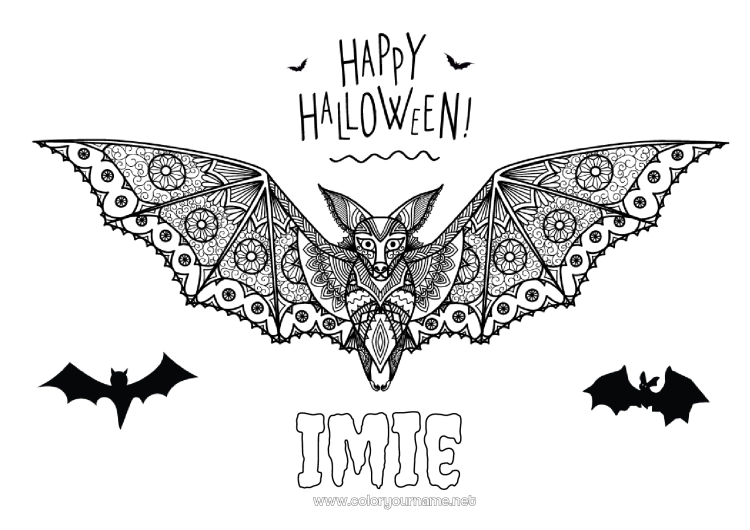 Kolorowanka do wydruku Nietoperz Halloween Mandala Ptaki i latające ssaki Napis 'halloween'