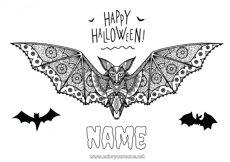 Coloring page to print Bat Halloween Mandala Flying birds and mammals Inscription 