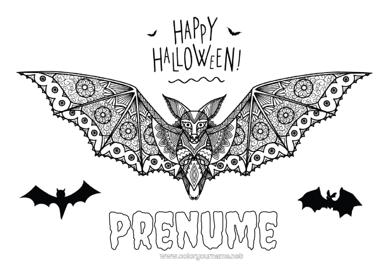 Pagină de colorat de imprimat Liliac Halloween Mandala Păsări și mamifere zburătoare Înscriere