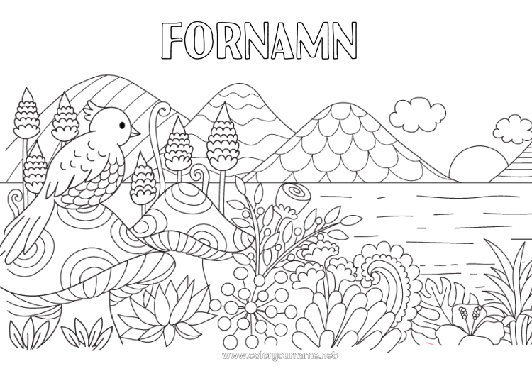 Färgläggningssida att skriva ut Fågel Svamp Zentangle Fåglar och flygande däggdjur Berg