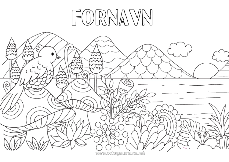 Farvelægningssiden til udskrivning Fugl Svamp Zentangle Fugle og flyvende pattedyr Bjerge