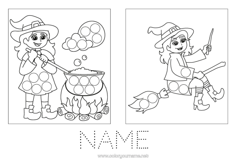Colouring page to print Witch Magic Cauldron Halloween Children's Activities Spot Markers Easy Colouring Pages