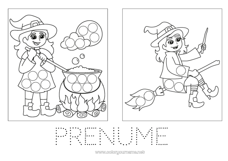 Pagină de colorat de imprimat Vrăjitoare Cazan magic Halloween Activități pentru copii Marker cu puncte Desene de colorat ușoare