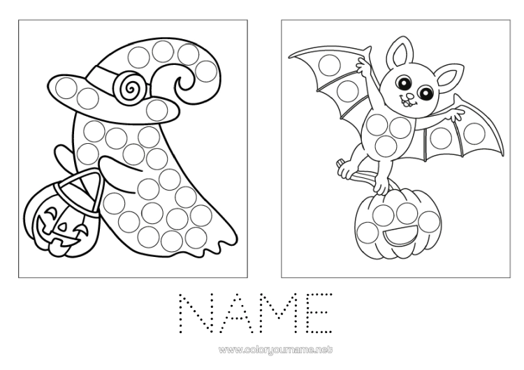 Colouring page to print Bat Ghost Halloween Children's Activities Spot Markers Easy Colouring Pages Birds And Flying Mammals