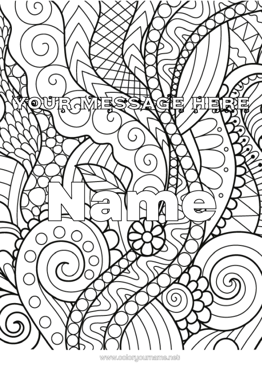 Colouring page to print Leaves Decorated Name Zentangle Green Plant Decorative Background Spiral