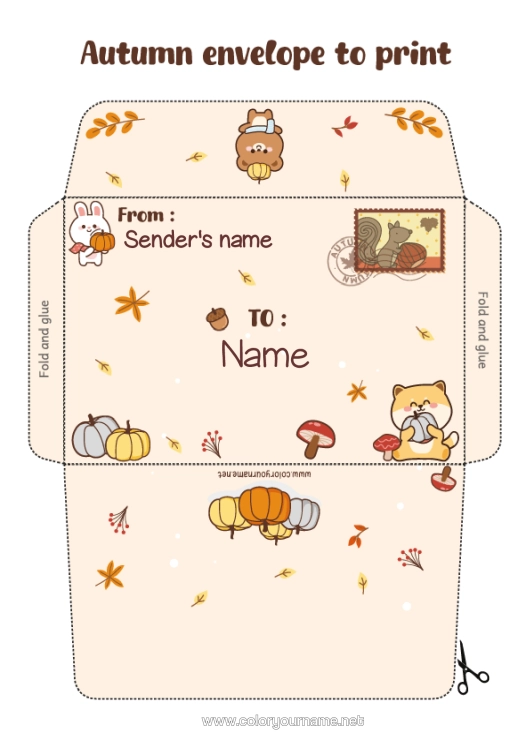 Colouring page to print Pumpkin Cute Autumn Rabbit Animal Teddy Bear Leaves Forest Animals Gland Print Envelope