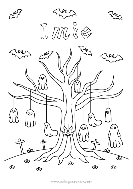Kolorowanka do wydruku Duch Halloween Drzewo Przerażający Nawiedzony drzewo