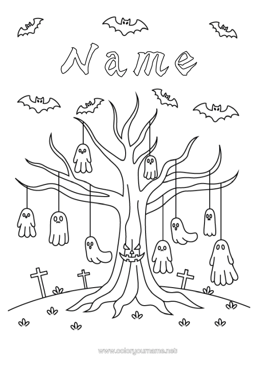 Colouring page to print Ghost Halloween Tree Scary Haunted Tree
