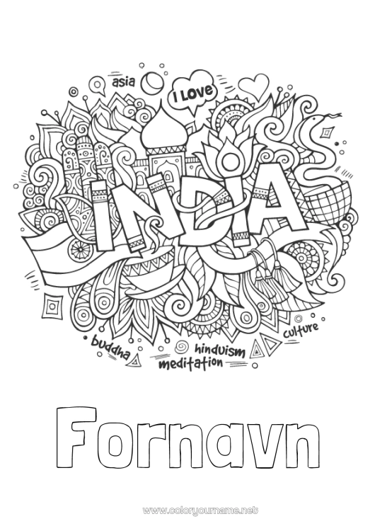 Fargeleggingssiden til utskrift Mandala Geografi Symboler Land India