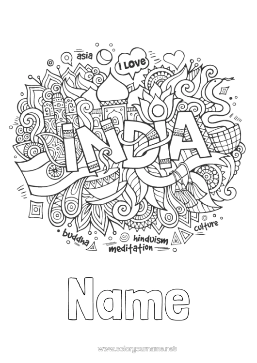Colouring page to print Mandala Geography Symbols Country India