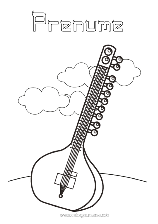 Pagină de colorat de imprimat Muzică Sărbătoarea muzicii Chitară Instrumente muzicale India