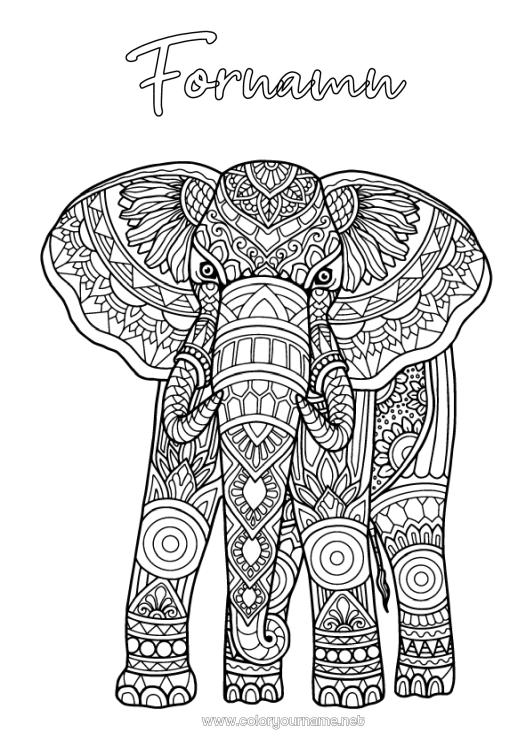 Färgläggningssida att skriva ut Elefant Djur Komplexa målarbilder Zentangle Afrikas vilda djur Indien