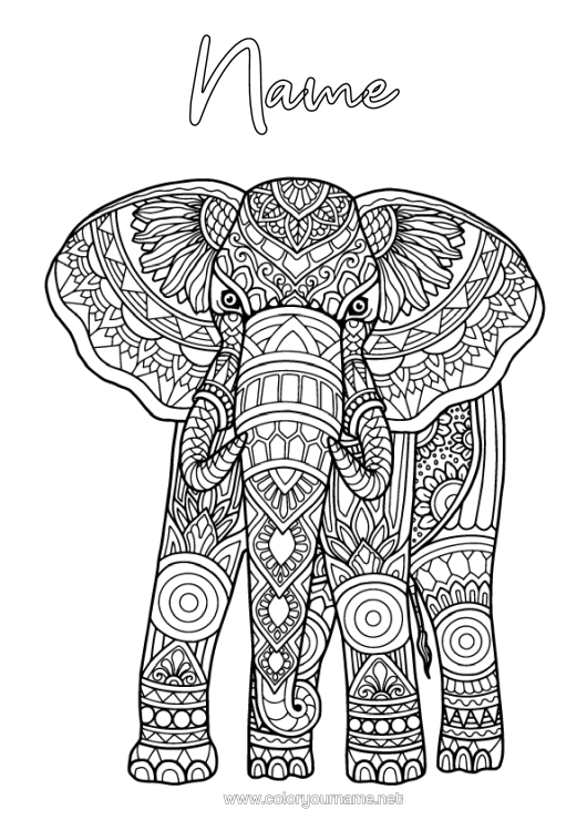 Colouring page to print Elephant Animal Complex Colouring Pages Zentangle Wild Animals Of Africa India