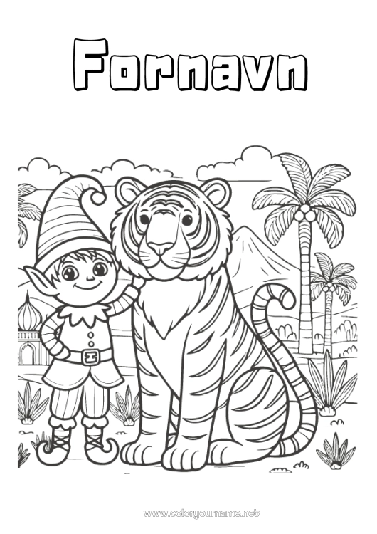Fargeleggingssiden til utskrift Julealver Tiger Fargelegging av nisser Afrikanske villdyr India