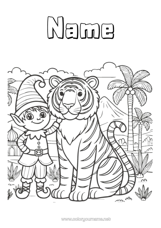 Colouring page to print Christmas Elves Tiger Elf Colouring Pages Wild Animals Of Africa Mischievous Elf's Journey India Colouring Mischievous Travelling Goblins