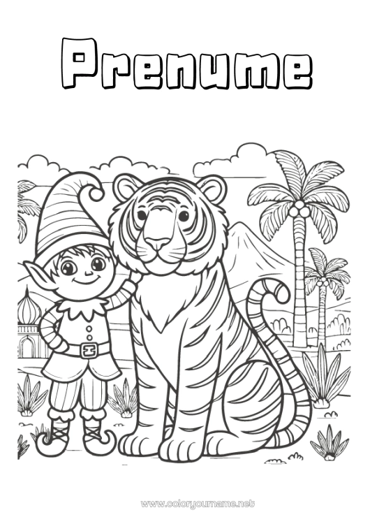 Pagină de colorat de imprimat Moșneguții de Crăciun Tigru Desene de colorat cu spiriduși Animale sălbatice din Africa India