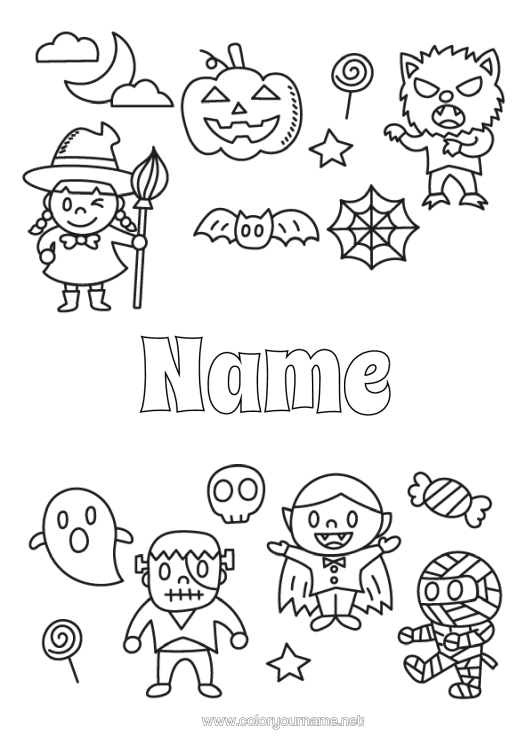 Colouring page to print Vampire Ghost Monster Mummy Witch Trick Or Treat? Halloween Frankenstein Zombie Werewolf