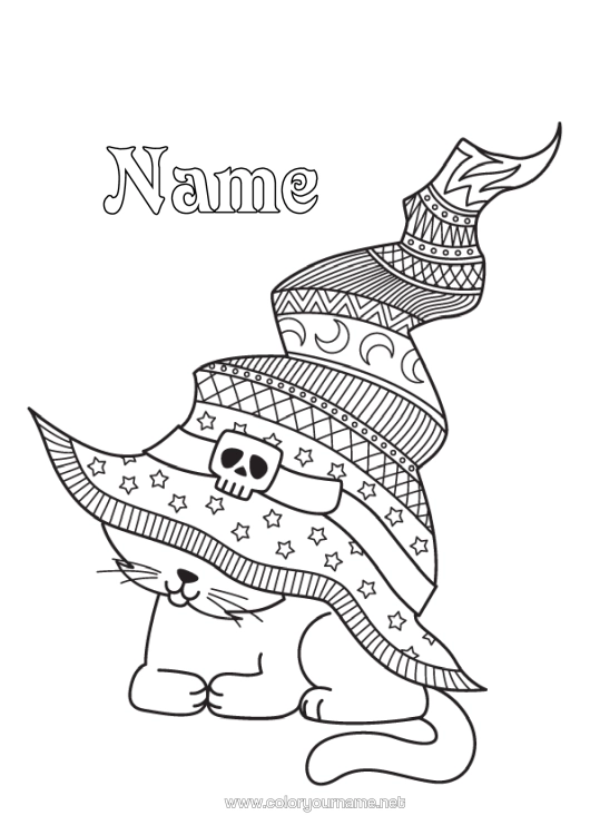 Colouring page to print Cat Halloween Animal Hat Zentangle Dogs And Cats Wizard's Hat
