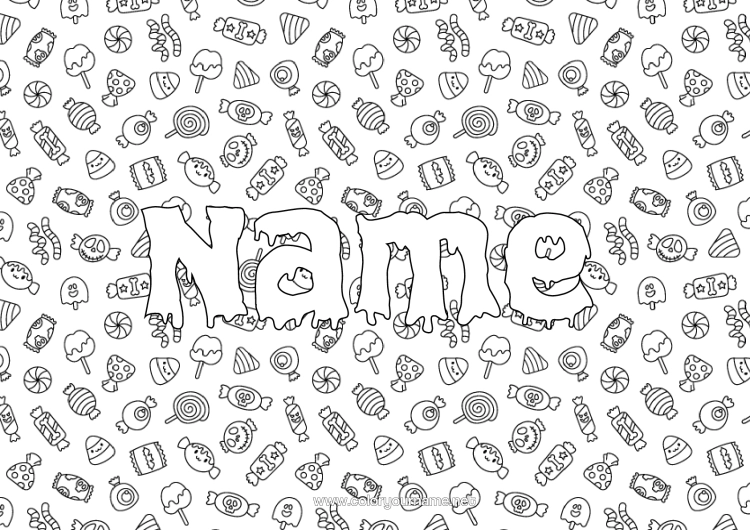 Colouring page to print Sweets Halloween Decorated Name Treats, Sweets Pacifier Decorative Background