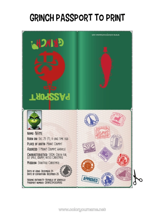 Colouring page to print Mischievous Elf's Journey Grinch Goblin Passport Grinch's Passport Trickster Goblin Identification Papers